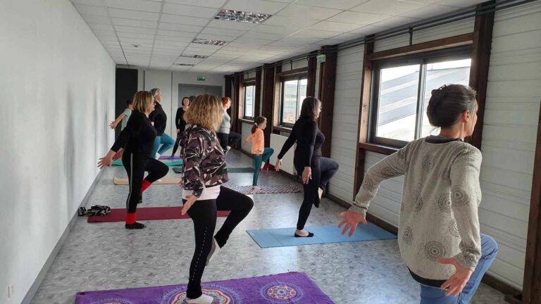 Professeure de yoga sur Ploërmel qui regarde ses élèves faisant le Paon.